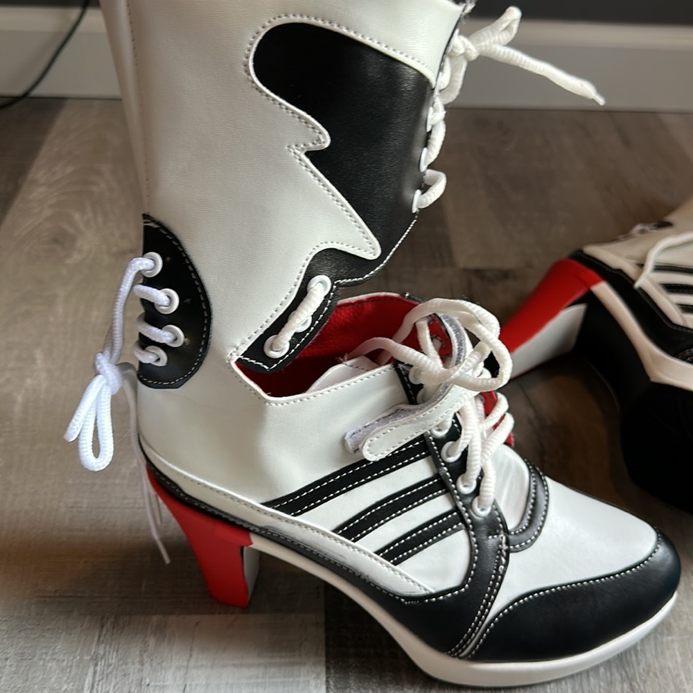Cosplay boots, plus faux hairpieces. Harley Quinn inspired colors & styles